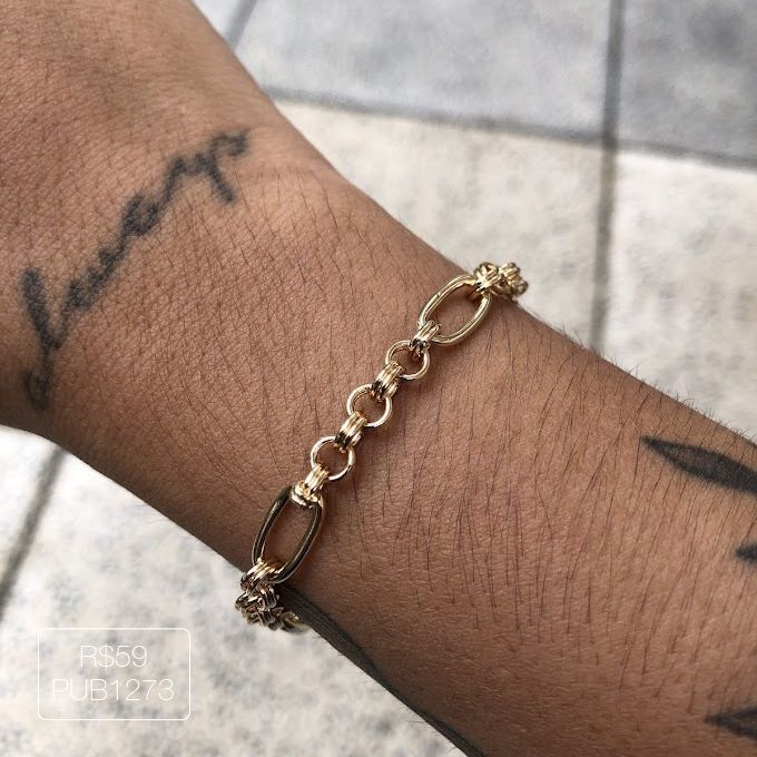 Pulseira Elo Oval Alongado/7 Elos Duplos Lisa Dourada